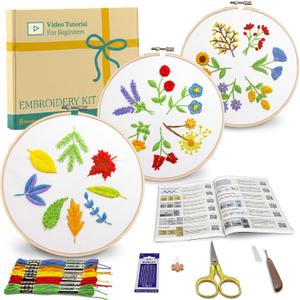 Bradove 3 Sets Leaves and Flowers Embroidery Kit for Beginners, Beginner Embroidery Kit for Adults Kids, Learn to Embroider Adult Beginner