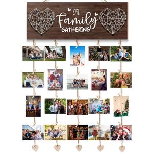 Picture Frames Collage Wall Decor, Rustic Wooden Hanging Photo Display with Clips - Holds 20 4x6 Pictures - Photo Holder for Home Decor, Gift Ideas, Family Memories, Christmas Card Holder