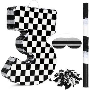 Lewtemi Race Car Number Piata Small Checkered Race Car Birthday Party Decoration Black and White Racing Piata with Stick Confetti Eye Mask for Celebration 15.3 x 10.6 x 2.8 Inch(Number 3)
