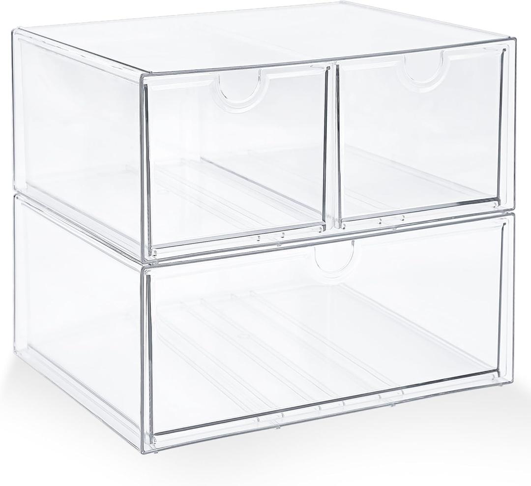 2 x Prsildan Acrylic Drawer Makeup Organizer with 3 Drawers, Clear Stackable Storage for Baby Bottles, Craft, Jewelry & Hair Accessories, Multi-Use for Vanity, Countertop, Office Desk Organization