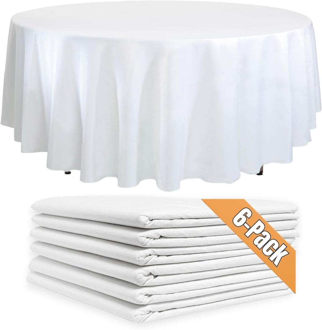 6-Pack White Round Paper Tablecloths - 82in Paper Table Cloths for Parties Disposable - Linen Like Disposable White Tablecloth Round Cover with Plastic Backing