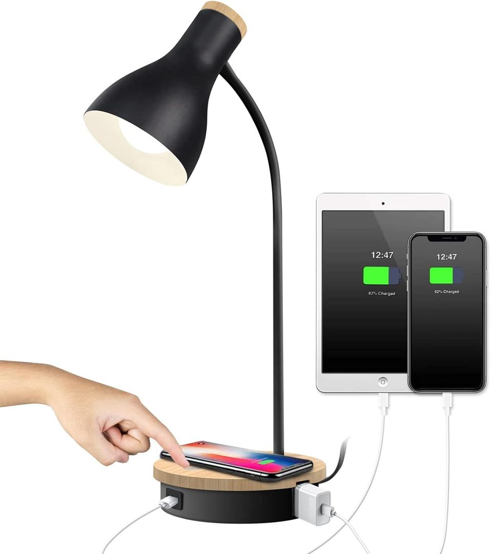 LALISU Metal Desk Lamp Wireless Charging Table Lamp Touch Reading Lights Arc Desk Lamps for Bedroom, 3 Way Dimmable Bedside Lamp with USB Charging Ports Lamp for Study Room and Office (Black)