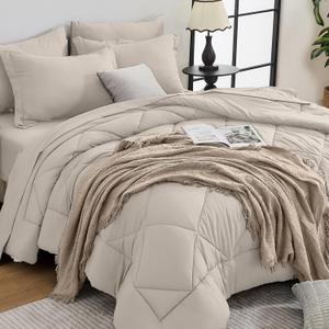 HEVUMYI Beige Tan Queen Comforter Set - 7-Piece All Season Bed in a Bag Queen, Ultra Soft Bedding Set with Comforter, Flat Sheet, Fitted Sheet, Pillowcases, Pillow Shams, Beige Tan
