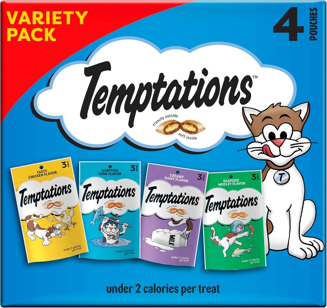 Temptations Classic Crunchy and Soft Cat Treats Feline Favorites Variety Pack, 3 oz. Pouches (Pack of 4) (EXP 08/31/27)