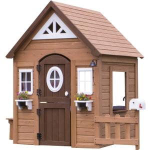 Backyard Discovery Aspen Cedar Wooden Kids Playhouse Cottage with Play Kitchen, Snack Bar, Picnic Bench, Dinner Bell, Mailbox, Dutch Door, Flowerpot Holders, Toy Lights, Country Style for Outdoor Play