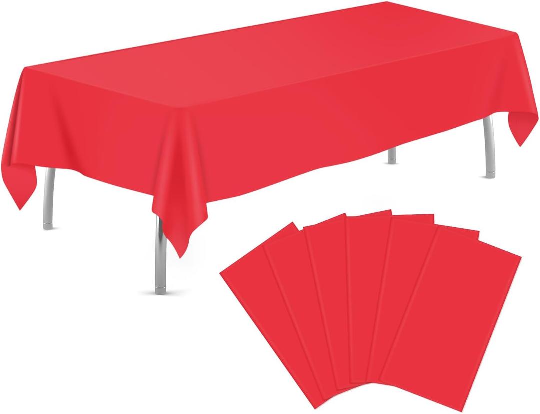 Red 6 Pack Plastic Table Cloth 54" x 108", Disposable Tablecloths Rectangle Table Cover, Plastic Tablecloths for Parties