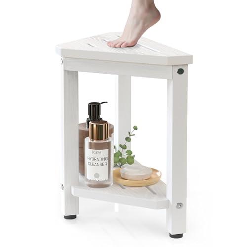 BEKVEM HDPE Shower Foot Rest 14in, Waterproof Shower Stool for Inside Shower, Corner Shower Seat Chair for Shaving Legs in Bathroom, Shower Bench Table with Storage Shelf for Small Space, White