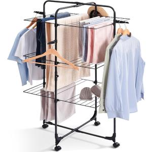TOOLF Drying Rack Clothing, 3-Tier Collapsible Clothes Drying Rack with Wheels, Indoor-Outdoor Use, for Bed Linen, Clothing, Socks, Scarves, Black