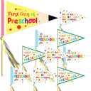 First Day of Preschool Banner Flag Welcome to Preschool Pennant Banner First Day of Kindergarten Flag Sign Centerpiece Sticks with Ribbons for Back to School Classroom Decoration,12 Pcs