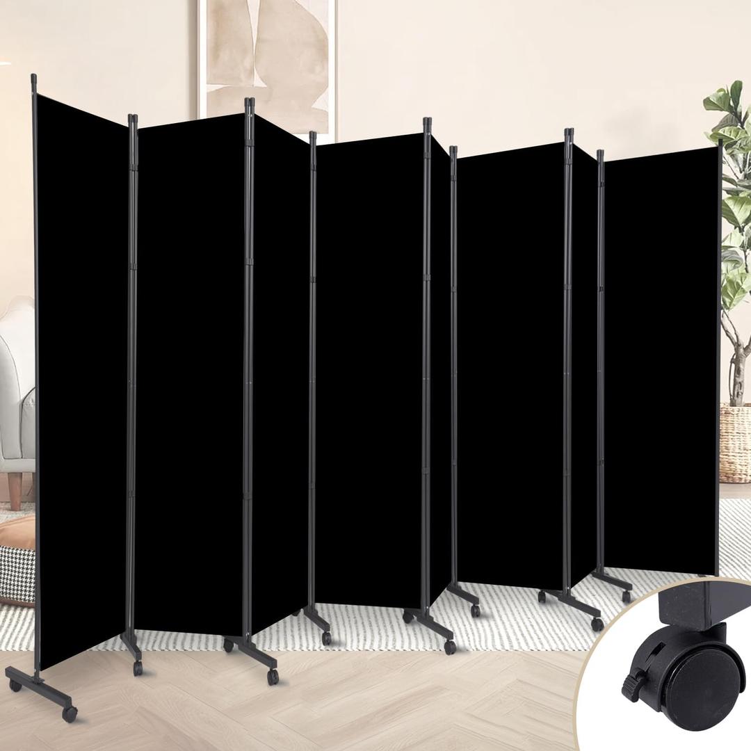 Room Divider 8 Panel Room Dividers/Wheels, Fabric Room Divider Panel for Office Room Partitions and Dividers, Portable Partition Wall Divider for Room Separation, Flexible Privacy Screen Indoor (Black)