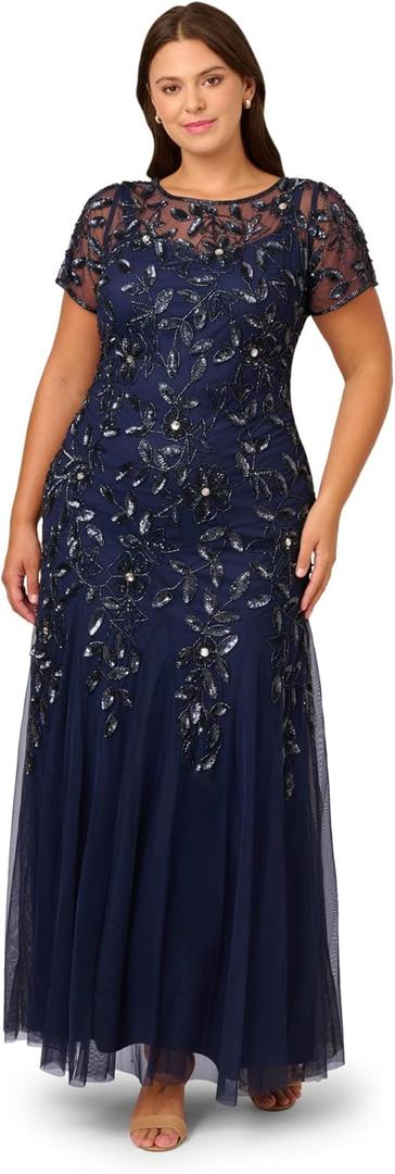 Adrianna Papell Women's Bead Long Dress with Godets, Light Navy, 14W (Blue)