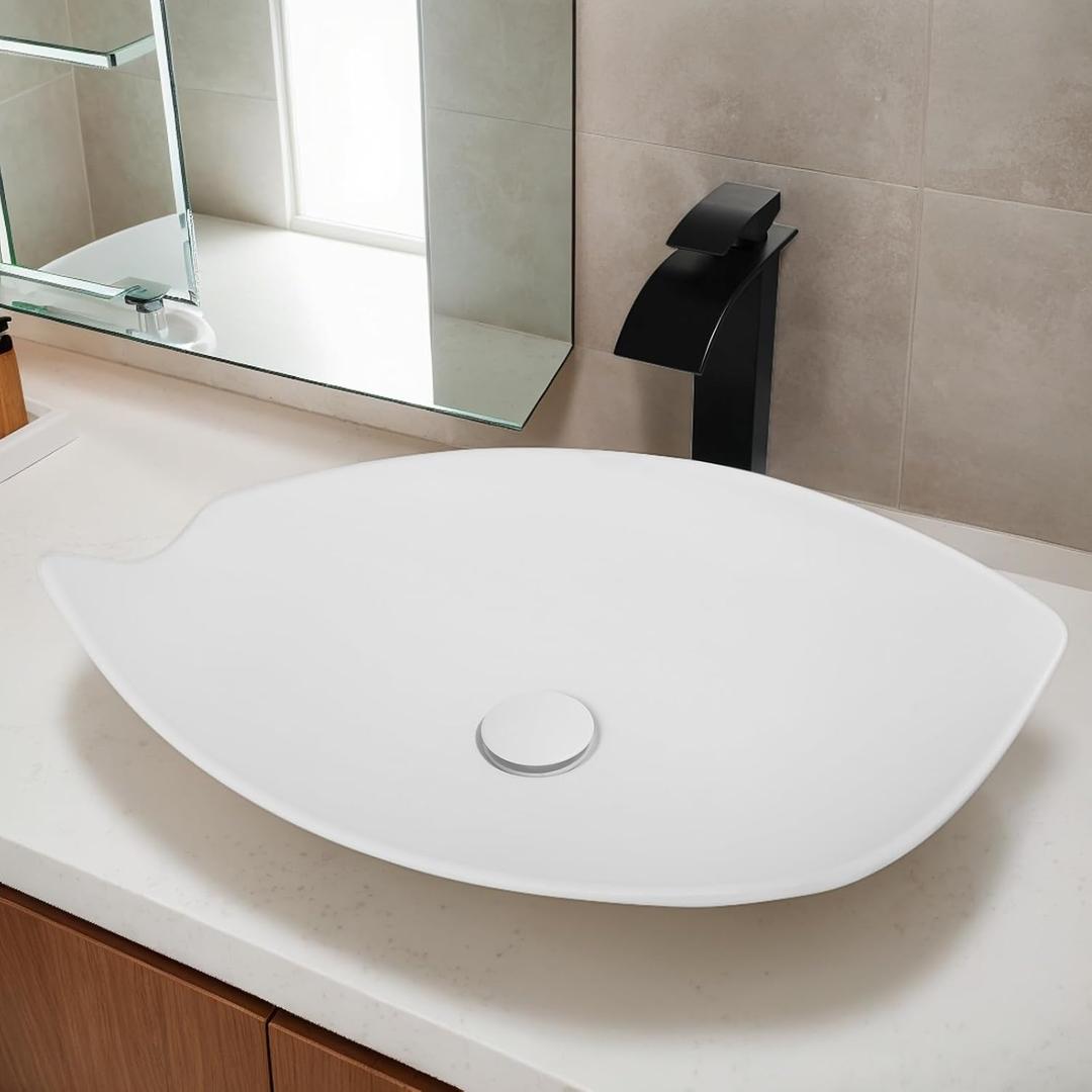 21 Inch Stone Resin Vessel Sink with Pop-Up Drain White Irregular Rectangular Countertop Bathroom Sink
