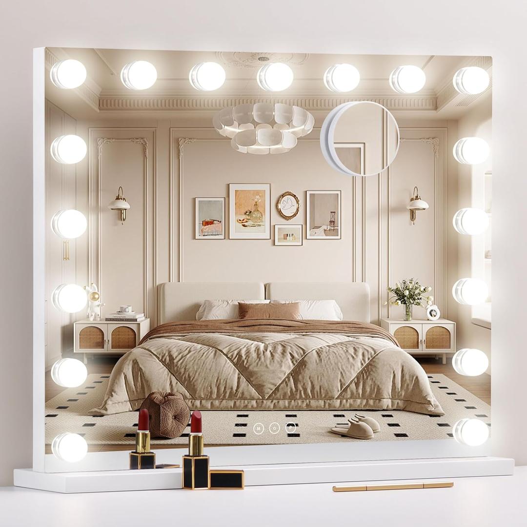 Vanity Mirror with Lights,Makeup Mirror with 17 Dimmable LED Bulbs, 3 Color Lighting Modes Detachable 10X Magnification Mirror Touch Control, 23.6 x 19,7 inch, White
