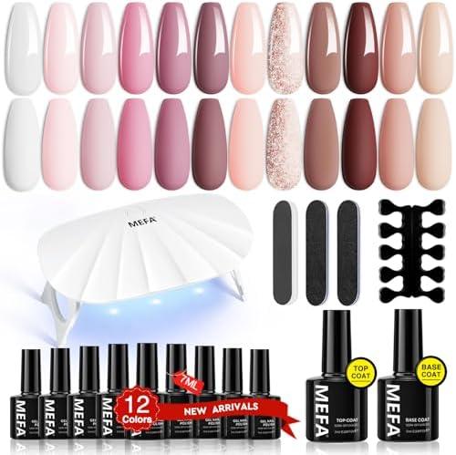 MEFA 19 Pcs Gel Nail Polish Kit with U V Light, 12 Colors All Seasons Nude Milky White Soak Off Gel Polish Nail Set with Base Top Coat Essential Manicure Tools Beginners Salon Decorations DIY