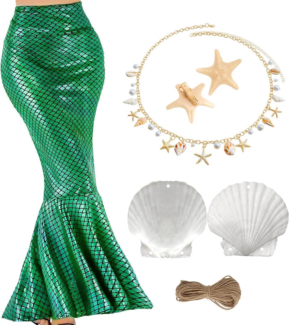 7PCS Summer Mermaid Costume Women Beach Sequin Shiny Skirt Sea-Maid Tail Swimsuit Cover up Shell Necklace Hair Clip (Green)