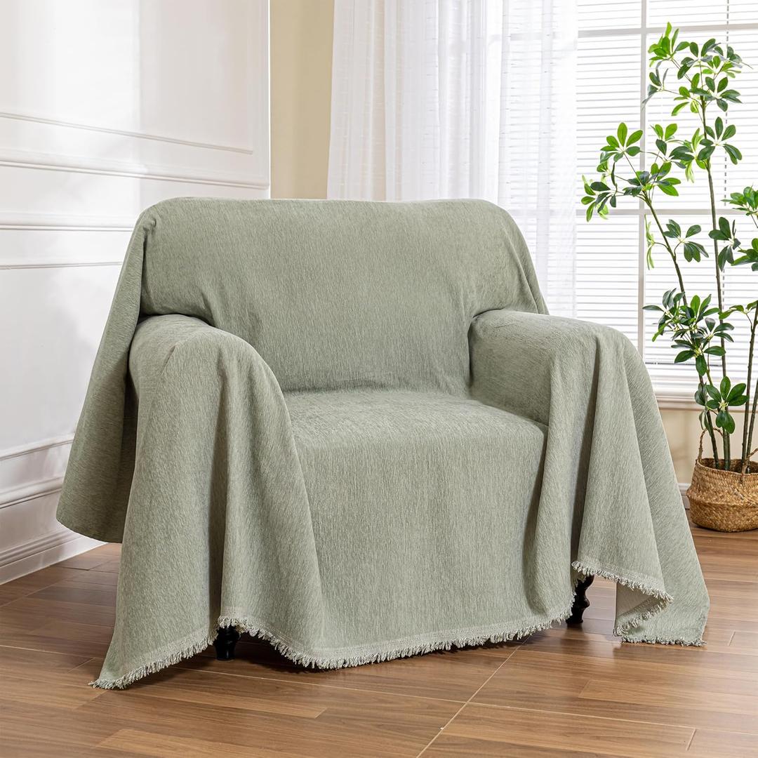 MEETSKY Green Sofa Covers Armchair Single Couch Cover for Dogs Throw Couch Cover with Tassel Chair Recliner Futon Cover Washable 1 Cushion Couch Chenille Couch Protector, 71"x 91"