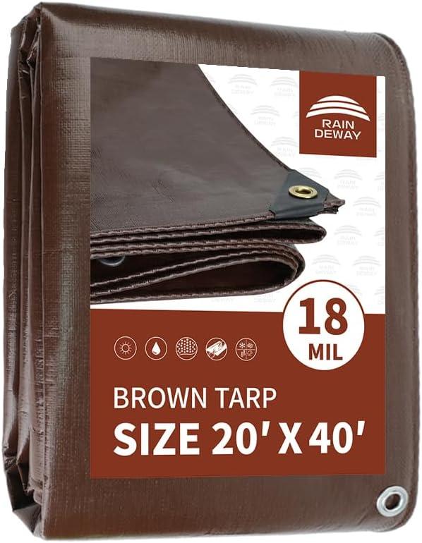 RAINDEWAY 20x40 Feet Super Heavy Duty 18 Mil Brown Poly Tarp Cover, UV Resistant, Weatherproof, Multipurpose Waterproof Poly Tarp with Grommets and Reinforced Edges