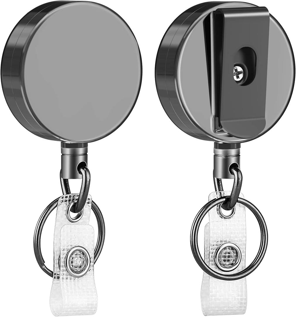 KTRIO 2 Pack Heavy Duty Badge Reel Retractable Badge Holder, Metal Keychain ID Badge Holder Reels with Belt Clip Key Ring Reinforced Steel Cord for Key Name Card Holder