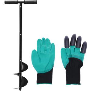 Hand Auger Post Hole Digger, T Shaped 6"x 33.46" Manual Garden Auger Spiral Drill Bit Fence Post Auger with Gloves and Non-Slip Handle for Planting Bulb Flower Tree Seedlings