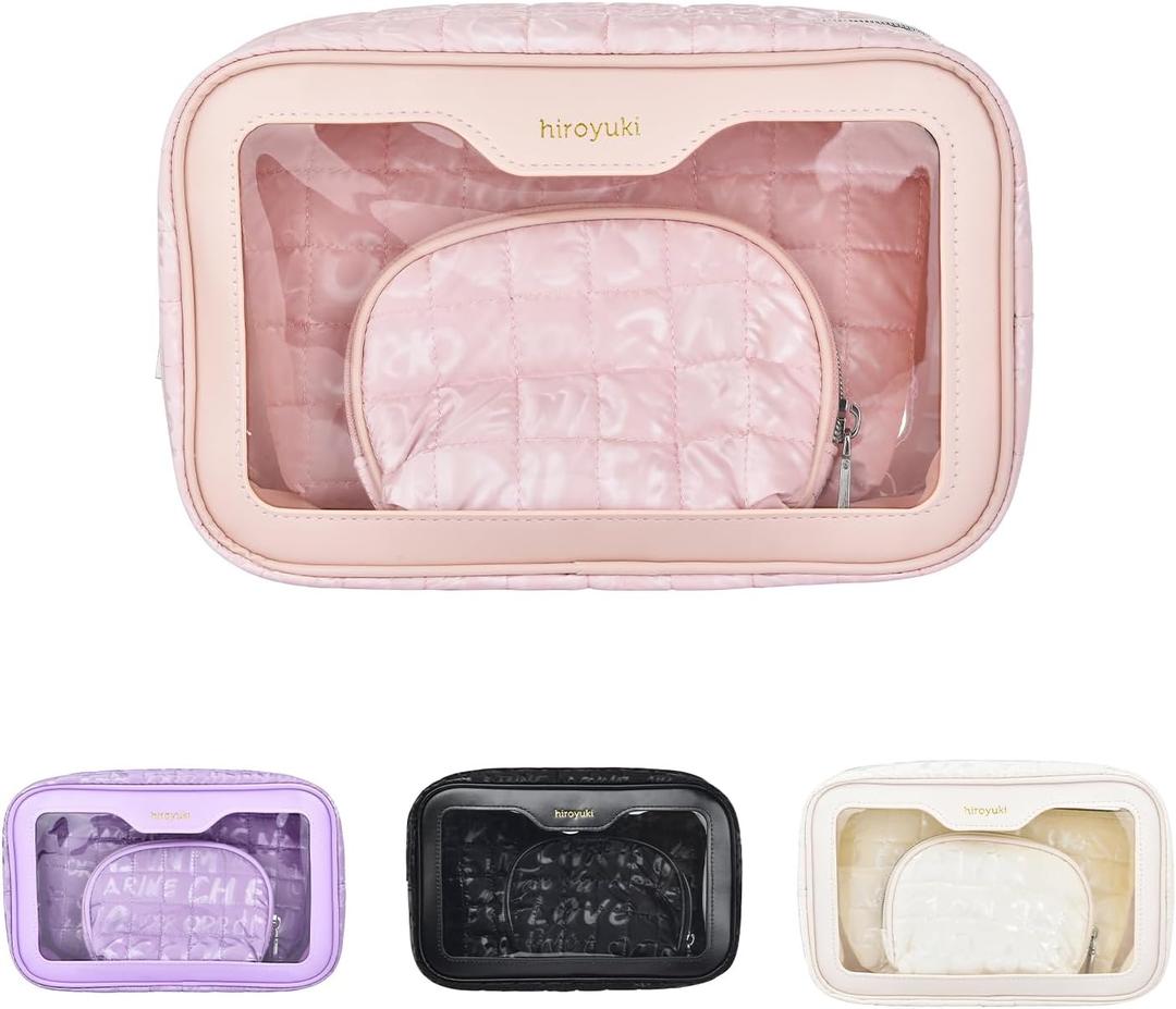 Hiroyuki 3Pieces Clear Makeup Bag Set Large Capacity Cosmetic Bag Large Travel Toiletry Organizer Bag Set Plastic Transparent Cosmetic Bag Wash Bag (pink3ps)