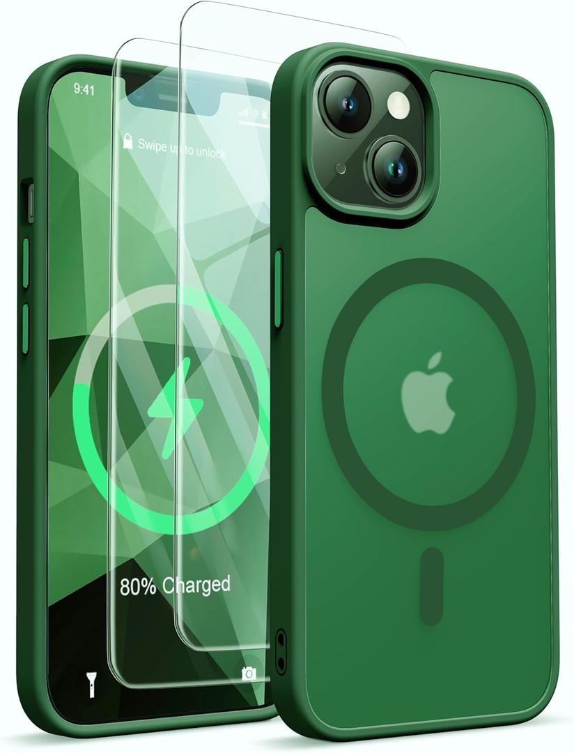 ORETECH Magnetic for iPhone 13 Case, [Compatible with Mag-Safe][2 Pcs Screen Protectors][15 FT Drop Protection], Frosted Translucent Shockproof Protective Phone Case for iPhone 13 Cover, Green