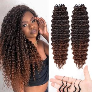 Feather Crochet Hair For Black Women, 18 Inch 180g Human Hair Blend Crochet Hair Deep Wave For Miracle Knots Crochet Braids Brown Hair Pre-Separated Invisible Curly Hair Extensions (T30, 100 Strands)