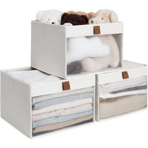 StorageWorks Closet Storage Bins, Large Storage Baskets with Clear Window and Handles, Foldable Fabric Organizer for Clothes, Shelves, Beige, 3 Pack