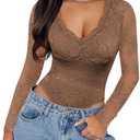 SAUNGKUAI Women's V Neck Lace Bodysuit Long Sleeve Bodysuits Double Lined Going Out Tops Y2K Trendy Thong Outfits Large, Brown 