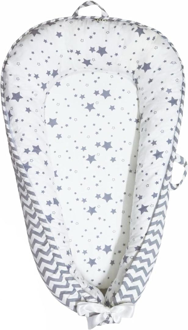 Baby Lounger | Organic Cotton Infant Lounger | Reversible, Adjustable & Portable Floor Lounger |Supervised Use | Soft, Breathable, Washable Cover - Star Collection (Gray) (Grey)