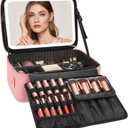 Relavel Makeup Bag with LED Mirror, 15 inches Large Makeup Case with Lighted Up Mirror Travel Cosmetic Train Case Organizer Vanity Case for Makeup Artists, 3 Color Lights & Adjustable Dividers (Pink)