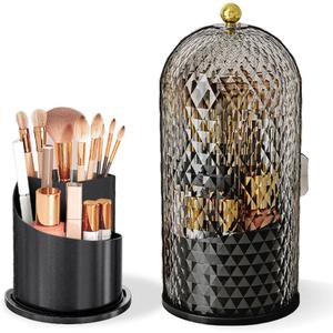 Makeup Brush Holder with Lid, 360 Rotating Multifunction Clear Dustproof Skincare Cosmetic Tools Storage Organizer for Vanity Desktop Bathroom Countertop (Black)
