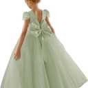 JISISANG Flower Girls Lace Cap Sleeve Dress for Wedding Puffy Tulle Back V-Neck Pageant Prom Ball Gown with Bow (6, Sage Green)