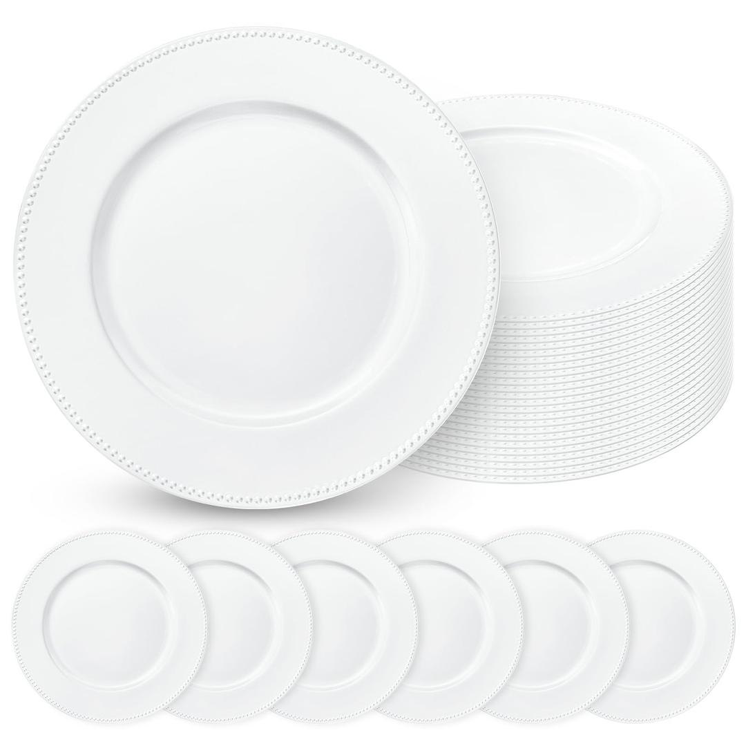 24 Pcs White Charger Plates with Beaded 13 Inch Plastic Charger Plates for Dinner Plate, White Chargers for Table Setting, Round Chargers Plate for Wedding Party Holiday Event Tabletop Decor