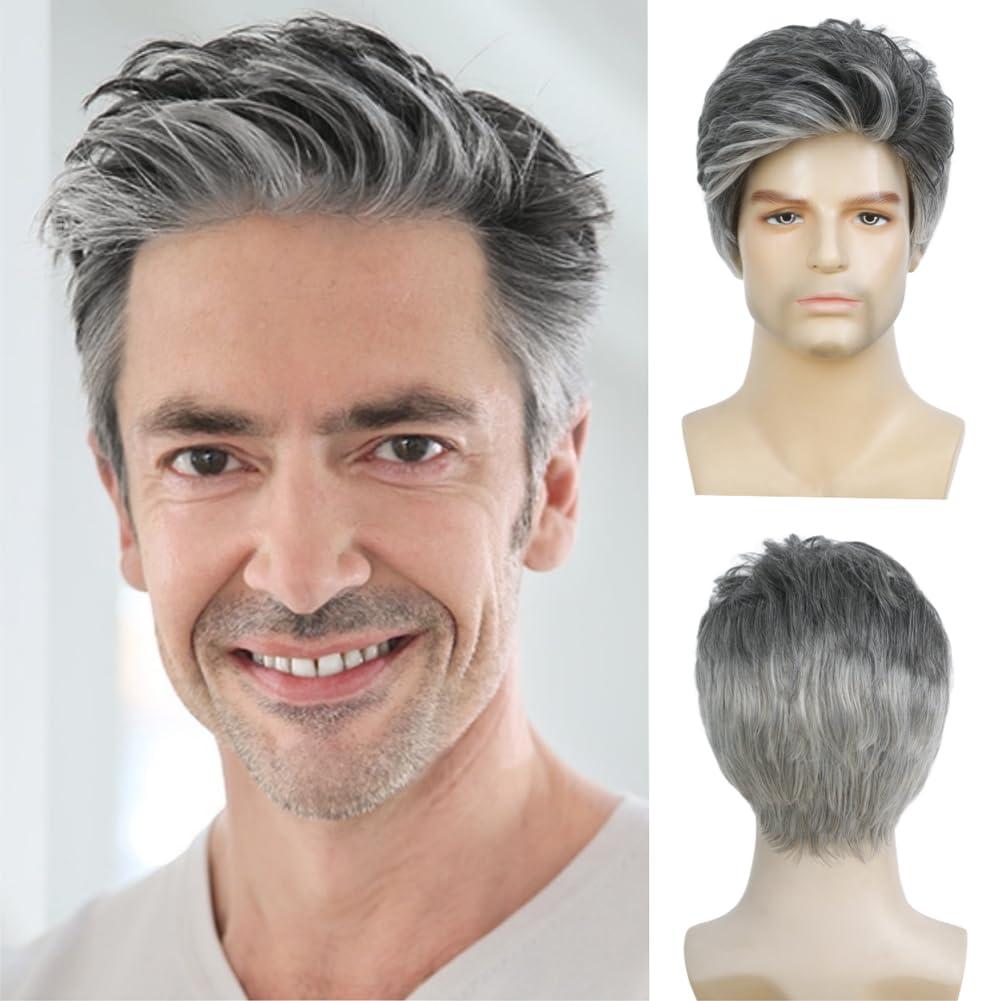 Kaneles Mens Grey Short Wigs Layered Natural Wig Gray Mixed White Synthetic Halloween Daily Hair Wig for Male Guy