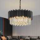 Black Crystal Chandelier 20'' K9 Crystal Round Pendant Lights Adjustable 4-Tier Large Modern Crystal Chandelier 6-Lights for Dining Room Living Room Kitchen Foyer Entryway, 20" Flat