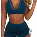 RXRXCOCO Mesh Halter High Waisted Bikini Sets for Women Tummy Control Swimsuits Two Piece Bathing Suits with Skirt (Blue, XXL)