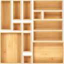 Bamboo Drawer Organizer Set, 14 PCS Multi-Use Individual Wood Storage Organizers, Junk Drawer Divider and Storage Trays Containers for Kitchen, Bathroom, Office Desk, Makeup, Jewelry, Utensils