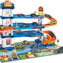 Dollox Parking Garage Toy Playset, Race Car Ramp Track Toys Sets Garage Playset with 6 Little Alloy Racer Cars Adventure Track, 3 Parking Levels Christmas Birthdays Gifts for Age 3 4 5 6 7 Boys Girls
