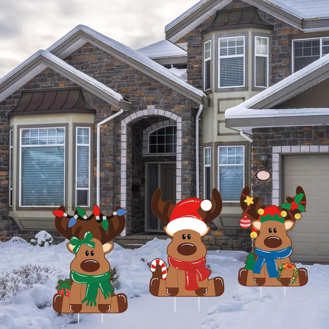 Weysat 3 Pcs Reindeer Christmas Yard Signs with Stakes Waterproof Elk Decoration Outdoor Xmas Reindeer Yard Stakes Lawn Signs for Christmas Holiday Pathway Garden Patio Party Favors (Regular)