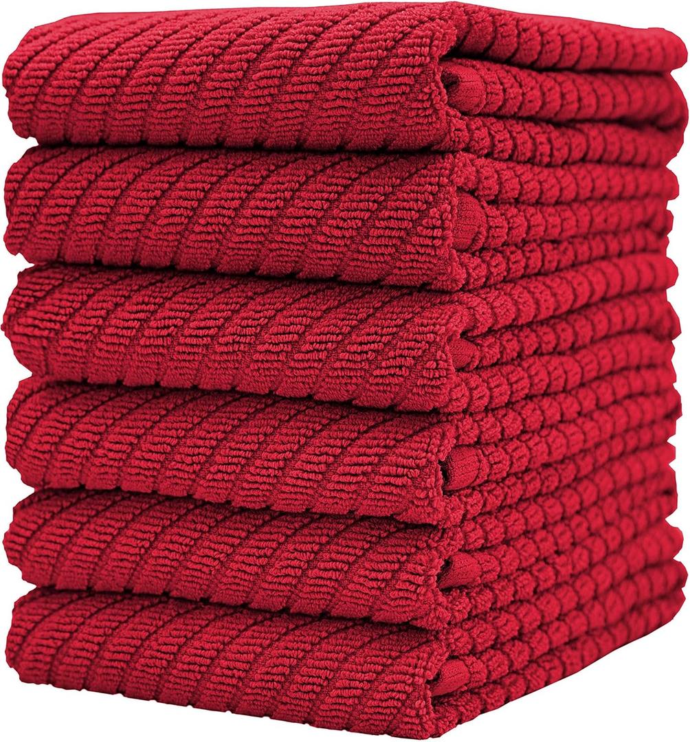 Premium Kitchen Towels (16x 25, 6 Pack) | Large Cotton Kitchen Hand Towels | Dish Towels | Diagonal Weave Design | 445 GSM Highly Absorbent Tea Towels Set with Hanging Loop | Red