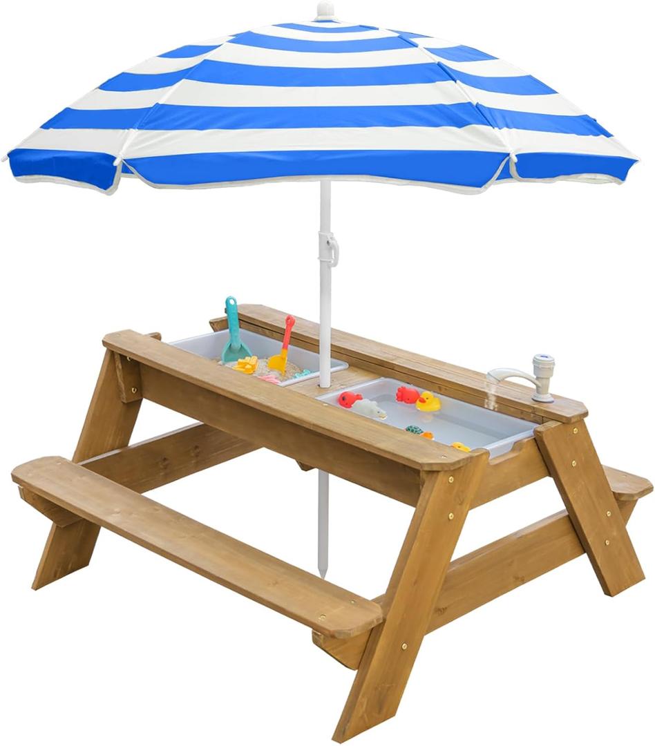 Kids 3-in-1 Sand & Water Table, Wood Outdoor Convertible Picnic Table w/Umbrella, 2 Trays, Removable Top with Faucet, Picnic Table for Outdoor Playset (Natural/Blue)