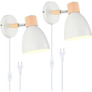 Wall Sconces Plug in, Swing Arm Wall Lamp with Power Cord, White Plug in Wall Lighting Fixtures Set of Two, Bedside Wall Mounted Reading Lamp with Switch, for Bedside Bedroom Hallway