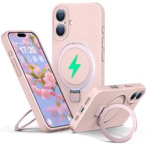 Liquid Silicone Case for iPhone 16 with Magnetic Ring Stand, [Upgraded Camera Lens Protection] [Mil-Grade Drop Shockproof] Anti-Scratch Microfiber Lining Silicone Case(Pink)