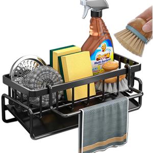 Kitchen Sink Organizer Caddy, Stainless Steel Sink Sponge Holder 30°Tilt Self-Drainage,Sponge Rack with Dish Brush Holder,Soap Dispenser for Kitchen Countertop Storage,9.1x4.1x3.5 Inch