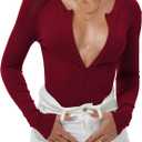 iGENJUN Women Ribbed Long Sleeve Bodysuit Invisible Zip Up Crew Neck Body Suit (Small, Wine Red)