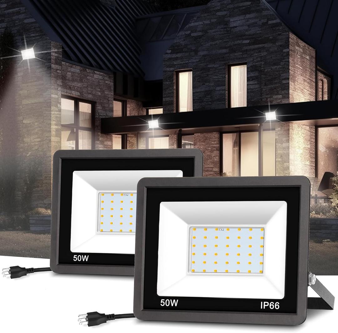 JandCase Dusk to Dawn Flood Lights Outdoor, 50W Plug in Floodlights with 9.8FT Cord, IP66 Waterproof LED Work Light Outside for Garage, Yard, Lawn, UL Listed, 2 Pack (White)