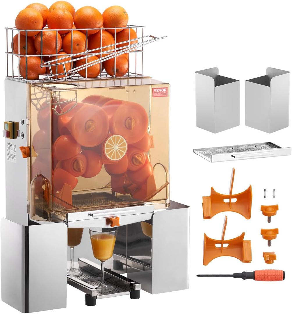 VEVOR Commercial Orange Juicer Machine, 120W Automatic Juice Extractor, Stainless Steel Orange Squeezer for 20 Oranges Per Minute, with Pull-Out Filter Box, PC Cover, 2 Peel Collecting Buckets (120W-Countertop without Water Tap, Silver)