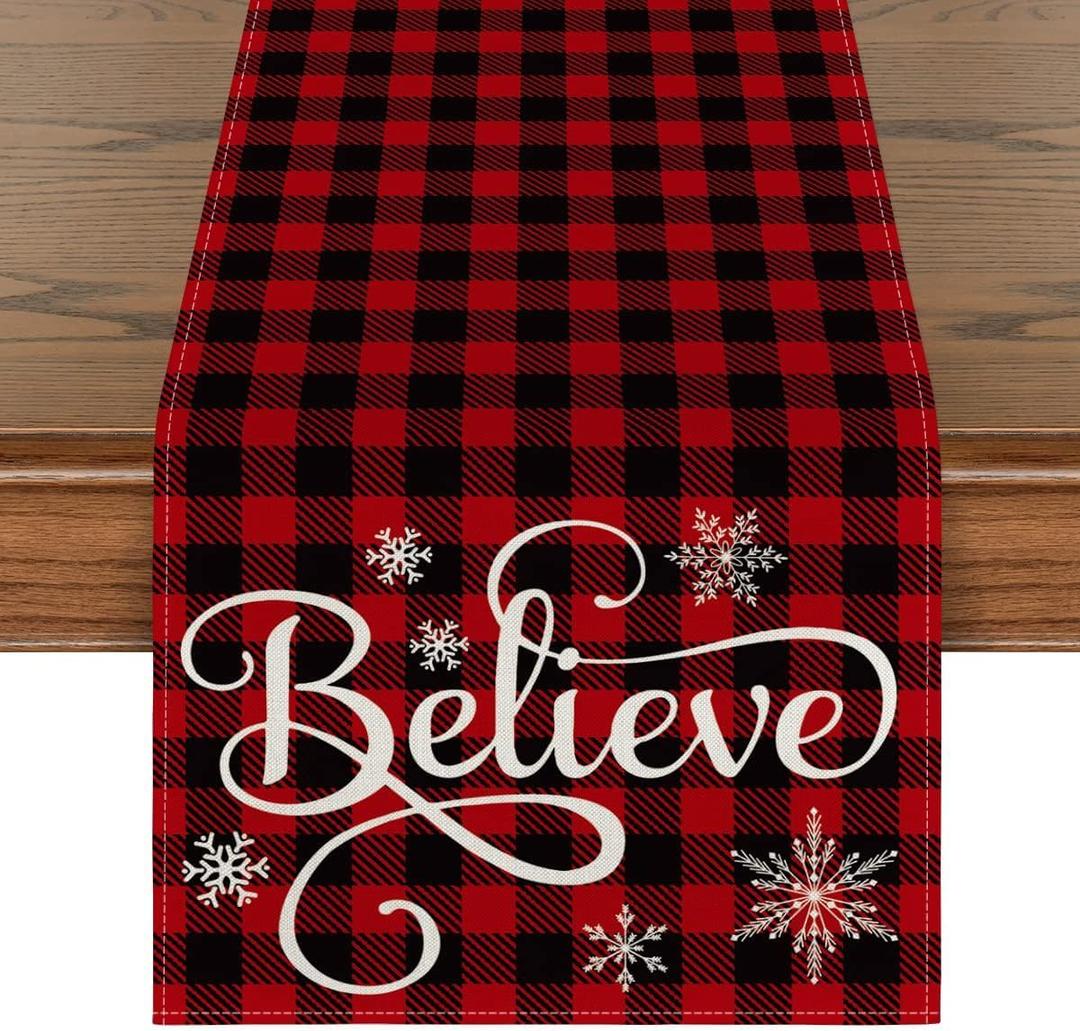 Artoid Mode Red and Black Buffalo Plaid Believe Table Runner, Seasonal Winter Christmas Holiday Kitchen Dining Table Decoration for Indoor Outdoor Home Party Decor 13 x 72 Inch