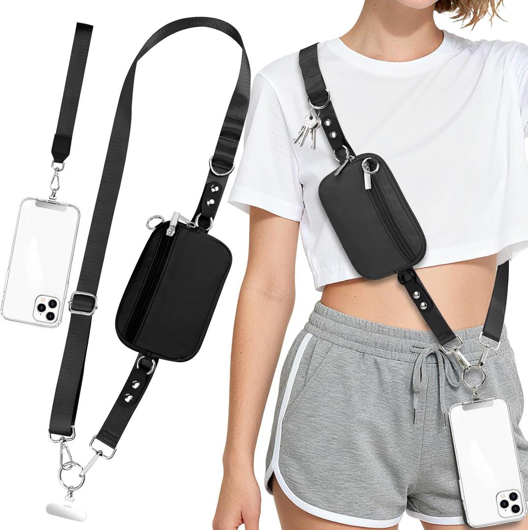3-in-1 Clip and Go Strap for Phone with Wallet Crossbody, Detachable Zippered RFID Wristlet WalletAdjustable Anti-Theft Phone Lanyard for Women | Hands-Free for Daily Errands & Travel (Black)