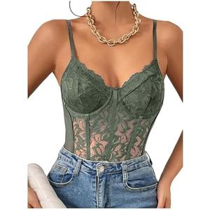 COZYEASE Women's Lace Bustier Cami Bodysuit Plain Sleeveless Slim Fit Sheer Mesh Corset Top Romper Size S